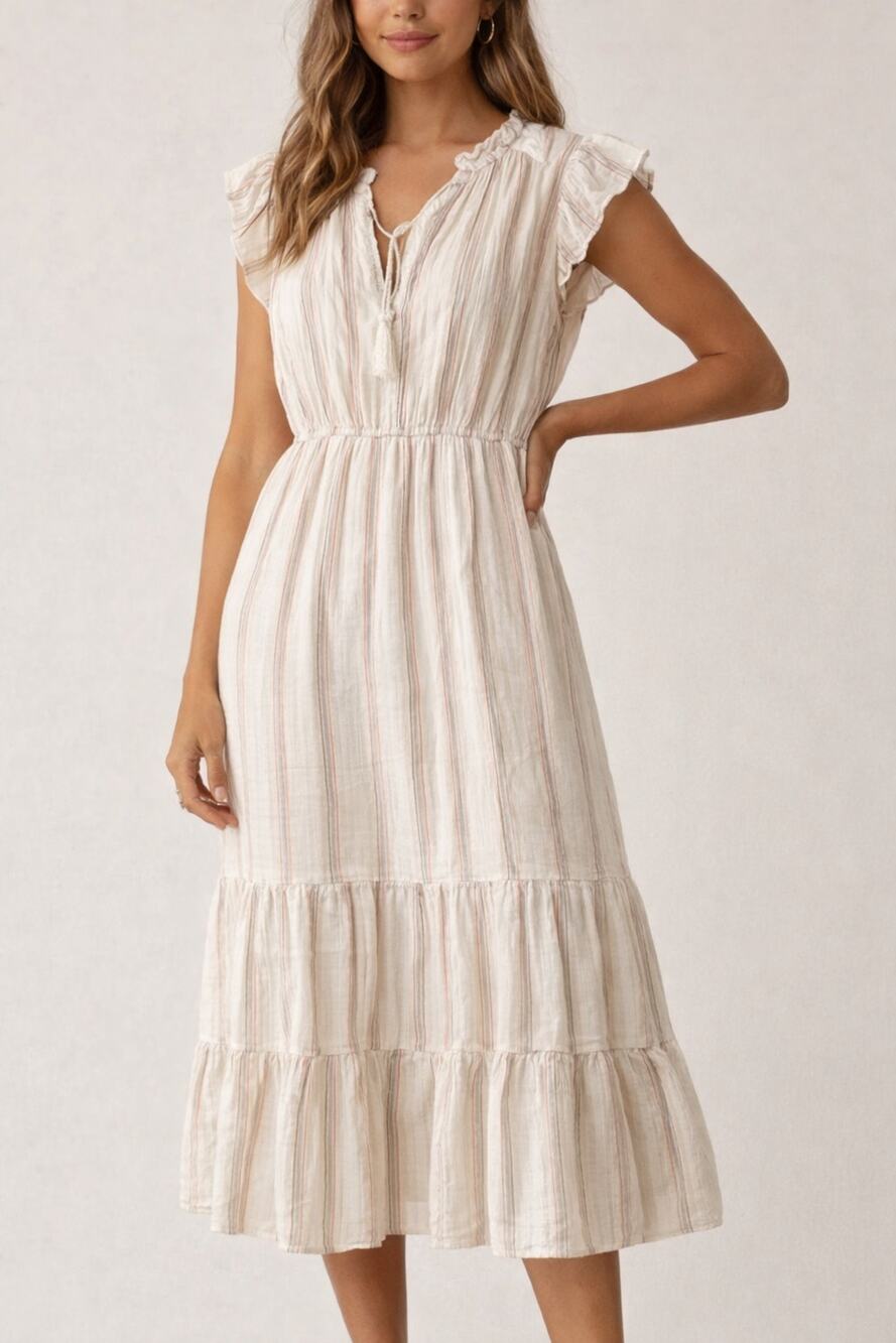 Ady P Striped Tiered Ruffle Shoulder Cotton Midi Dress Cream Tan Large